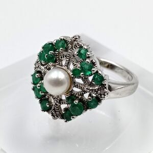 JC Sterling Silver 925 Cocktail Ring Freshwater Pearl Emerald Diamond Sz 7